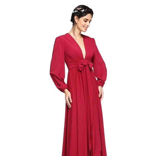 Modest / Simple Sexy Red Evening Dresses 2020 A-Line / Princess Floor-Length / Long Deep V-Neck Long Sleeve Puffy Cocktail Party Evening Party Formal Dresses