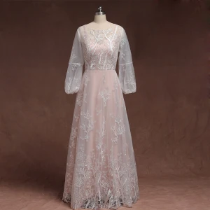 Classique Élégant Rougissant Rose Grande Taille Robe De Soirée 2020 Princesse Longue Manches Longues U Cou Tulle Dentelle 3d Appliques Brodé Soirée Robe De Ceremonie