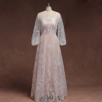 Classique Élégant Rougissant Rose Grande Taille Robe De Soirée 2020 Princesse Longue Manches Longues U Cou Tulle Dentelle 3d Appliques Brodé Soirée Robe De Ceremonie