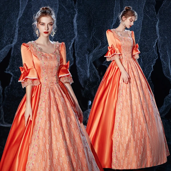 Vintage / Retro Elegant Medieval Orange Ball Gown Prom Dresses 2021 1/2 Sleeves Square Neckline Crossed Straps Floor-Length / Long Beading Star Cosplay Prom