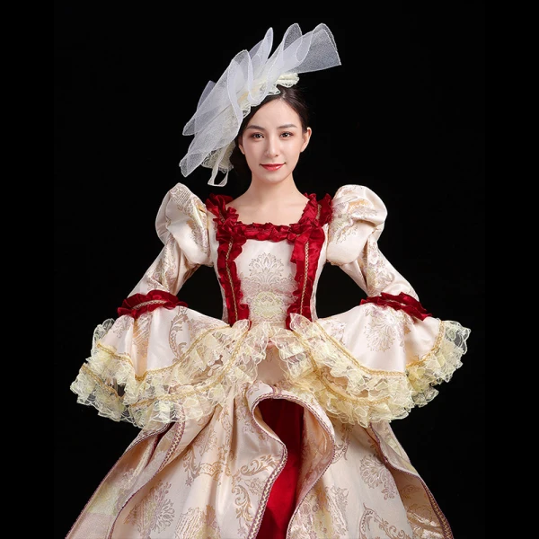 Vintage / Retro Medieval Blushing Pink Ball Gown Prom Dresses 2021 U-Neck Long Sleeve Floor-Length / Long Embroidered Printing Cosplay Prom Formal Dresses