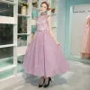 Modern / Fashion Lavender Graduation Dresses 2017 A-Line / Princess High Neck Tulle Embroidered Backless Beading Homecoming Formal Dresses