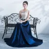 Chic / Beautiful Navy Blue Evening Dresses  2017 A-Line / Princess V-Neck Embroidered Backless Rhinestone Charmeuse Evening Party Party Dresses