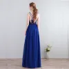 Charmant Sexy Longue Bleu Roi Robe De Soirée 2018 Princesse Chiffon V-Cou Lacer Dos Nu Perlage Robe De Ceremonie