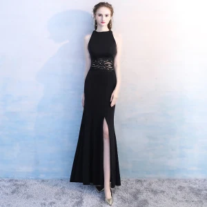 Modest Simple Black Floor Length Long Evening Dresses 2018 Trumpet Mermaid High Neck Lace Charmeuse Evening Party Formal Dresses