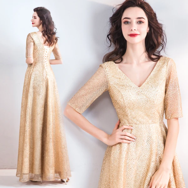 Sparkly Bling Bling Gold Floor-Length / Long Evening Dresses 2018 A-Line / Princess V-Neck Tulle Backless Beading Sequins Evening Party Formal Dresses