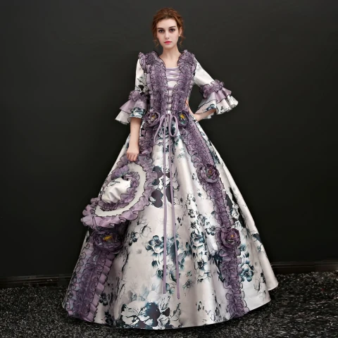 Vintage Multifarben Lange Ballkleid Ballkleider 2018 3/4 Ärmel U-Ausschnitt Schnüren Charmeuse Applikationen Rückenfreies Drucken Ball Festliche Kleider