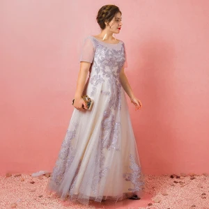 Sparkly Grey Plus Size Prom Dresses 2018 A Line Princess U Neck Tulle Appliques Backless Beading Sequins Evening Party Prom Evening Dresses