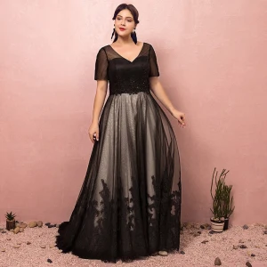 Luxury Gorgeous Black Plus Size Evening Dresses 2018 A Line Princess Lace Up Tulle V Neck Appliques Backless Beading Sequins Evening Party Prom Dresses