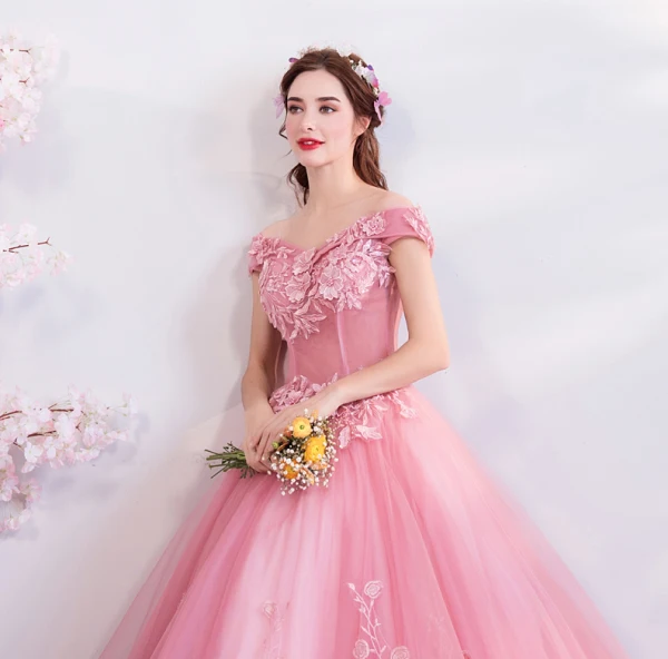 Flower Fairy Candy Pink Floor-Length / Long Prom Dresses 2018 Ball Gown Tulle Strapless Appliques Backless Beading Prom Evening Dresses