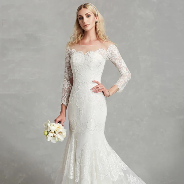 Amazing / Unique Sexy White Wedding Dresses 2020 Trumpet / Mermaid U-Neck 3D Lace Floor-Length / Long Long Sleeve Handmade Embroidered Wedding