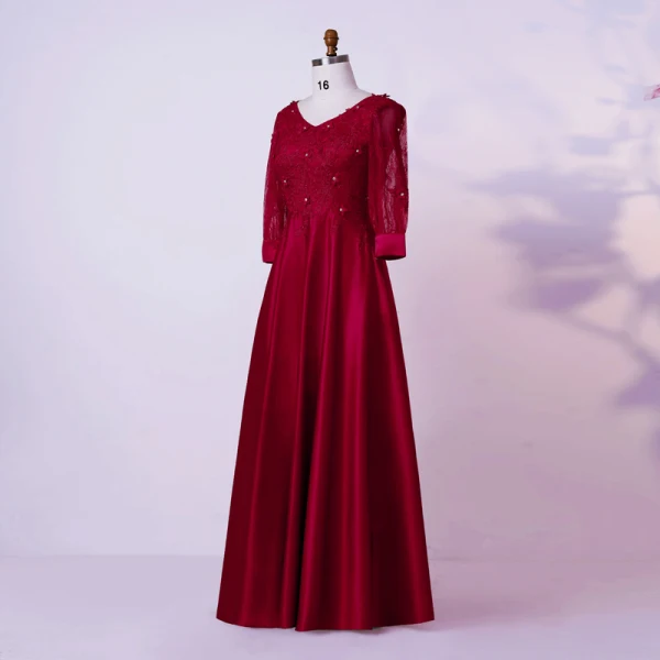 Vintage / Originale Bordeaux Grande Taille Robe De Soirée 2020 Princesse V-Cou Longue Manches Longues Fait main Dentelle 3D Perlage Faux Diamant Couleur Unie Soirée Robe De Ceremonie
