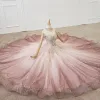Stunning Bling Bling Pearl Pink Gradient-Color Ball Gown Wedding Dresses 2020 Scoop Neck Short Sleeve Backless Beading Crystal Rhinestone Sweep Train Prom Wedding
