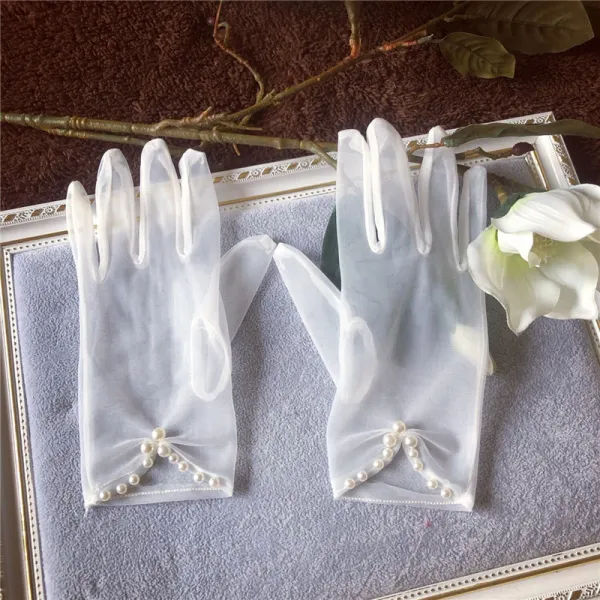 Modern / Fashion White Bridal Gloves 2020 Beading Pearl Tulle Prom Wedding Accessories