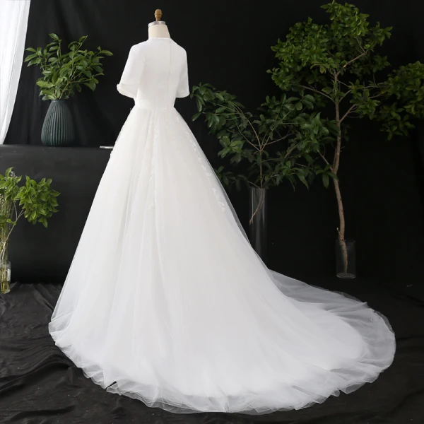 Vintage Weiß Plus Größe Brautkleider / Hochzeitskleider 2021 A Linie V-Ausschnitt Kurze Ärmel Rückenfreies Handgefertigt Kapelle-Schleppe Hochzeit