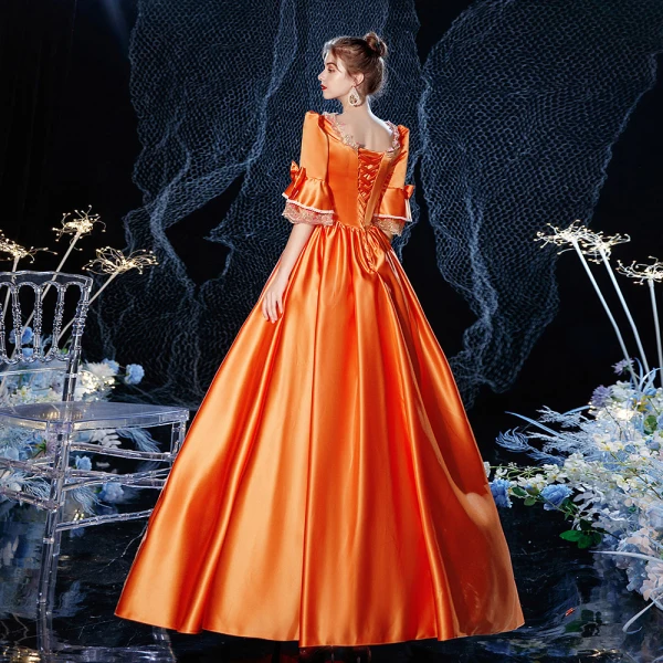 Vintage / Retro Elegant Medieval Orange Ball Gown Prom Dresses 2021 1/2 Sleeves Square Neckline Crossed Straps Floor-Length / Long Beading Star Cosplay Prom