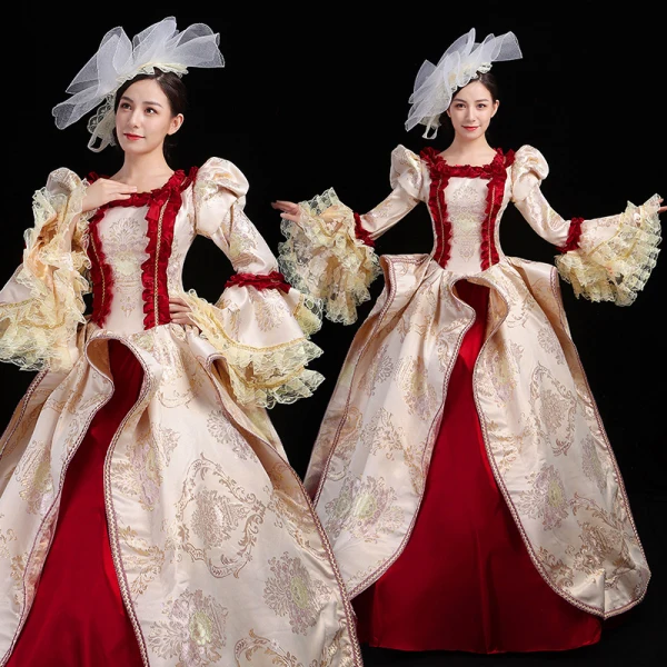 Vintage / Retro Medieval Blushing Pink Ball Gown Prom Dresses 2021 U-Neck Long Sleeve Floor-Length / Long Embroidered Printing Cosplay Prom Formal Dresses