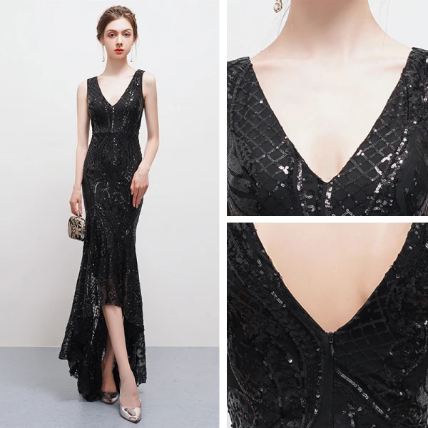 Unique Sexy Schwarz Asymmetrisch Abendkleider 2018 Mermaid Tülle V-Ausschnitt Rückenfreies Perlenstickerei Pailletten Festliche Kleider