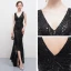 Unique Sexy Schwarz Asymmetrisch Abendkleider 2018 Mermaid Tülle V-Ausschnitt Rückenfreies Perlenstickerei Pailletten Festliche Kleider