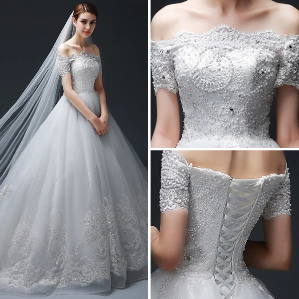Snygga / Fina Vit Bröllopsklänningar 2017 Prinsessa Appliqués Axelbandslös Spets Pärla Halterneck Broderade Bröllop