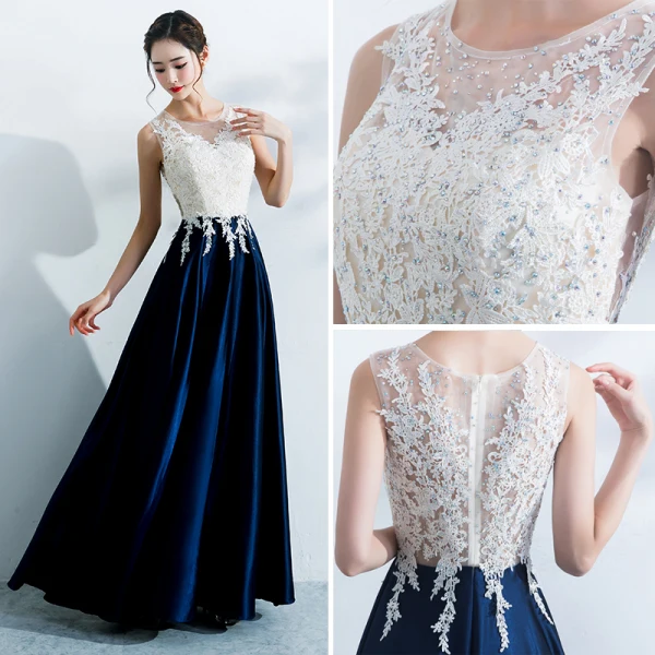 Chic / Beautiful Navy Blue Evening Dresses  2017 A-Line / Princess V-Neck Embroidered Backless Rhinestone Charmeuse Evening Party Party Dresses