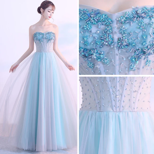 Chic / Beautiful Sky Blue Evening Dresses  2017 A-Line / Princess Tulle Strapless Beading Backless Evening Party Formal Dresses