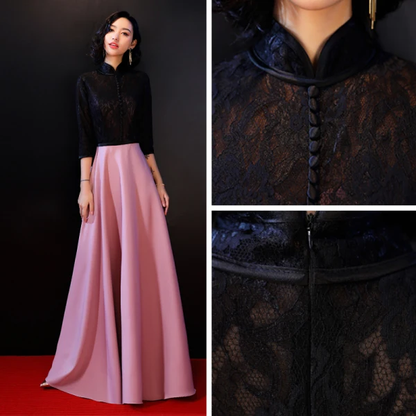 Chic / Beautiful Black Evening Dresses 2018 Floor-Length / Long A-Line / Princess High Neck Buttons Lace Embroidered Evening Party Formal Dresses