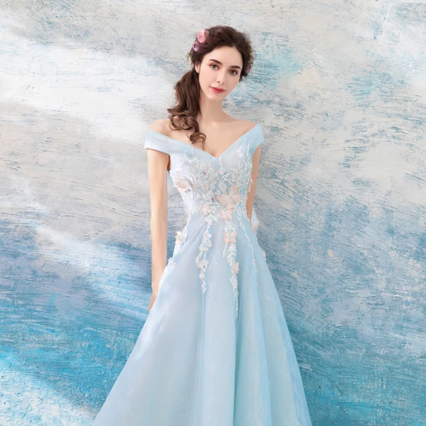 Chic / Beautiful Sky Blue Evening Dresses 2018 A-Line / Princess Floor-Length / Long Tulle Strapless Butterfly Appliques Backless Beading Evening Party Formal Dresses