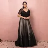 Luxury / Gorgeous Black Plus Size Evening Dresses  2018 A-Line / Princess Lace-up Tulle V-Neck Appliques Backless Beading Sequins Evening Party Prom Dresses