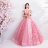 Flower Fairy Candy Pink Floor-Length / Long Prom Dresses 2018 Ball Gown Tulle Strapless Appliques Backless Beading Prom Evening Dresses