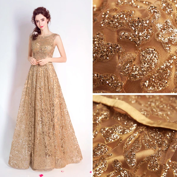 Chic / Beautiful Gold Evening Dresses  2017 A-Line / Princess U-Neck Tulle Appliques Backless Glitter Sequins Evening Party Formal Dresses
