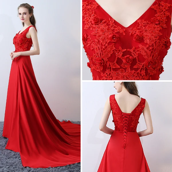 Chic / Beautiful Evening Dresses  2017 Red Crossed Straps Appliques Backless Embroidered Printing Charmeuse Lace V-Neck Cocktail Party Sleeveless A-Line / Princess Evening Party