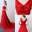 Chic / Beautiful Evening Dresses  2017 Red Crossed Straps Appliques Backless Embroidered Printing Charmeuse Lace V-Neck Cocktail Party Sleeveless A-Line / Princess Evening Party