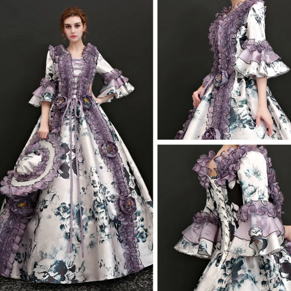 Vintage Multifarben Lange Ballkleid Ballkleider 2018 3/4 Ärmel U-Ausschnitt Schnüren Charmeuse Applikationen Rückenfreies Drucken Ball Festliche Kleider