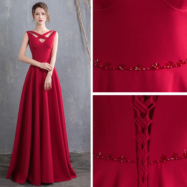Modest / Simple Floor-Length / Long Burgundy Evening Dresses 2018 Charmeuse A-Line / Princess V-Neck Backless Beading Evening Party Formal Dresses