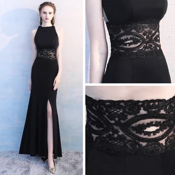Modest / Simple Black Floor-Length / Long Evening Dresses  2018 Trumpet / Mermaid High Neck Lace Charmeuse Evening Party Formal Dresses