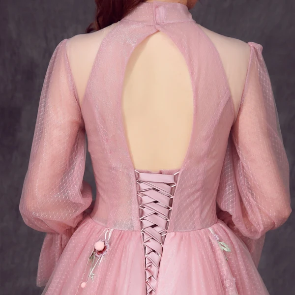 Chic / Belle Rougissant Rose Cathedral Train Robe De Soirée 2018 Princesse Tulle Col Haut Impression Soirée Robe De Bal