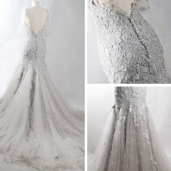 Unika Grå Chapel Train Aftonklänningar 2018 Trumpet / Sjöjungfru V-Hals Tyll Appliqués Halterneck Beading Pierced Afton Formella Klänningar
