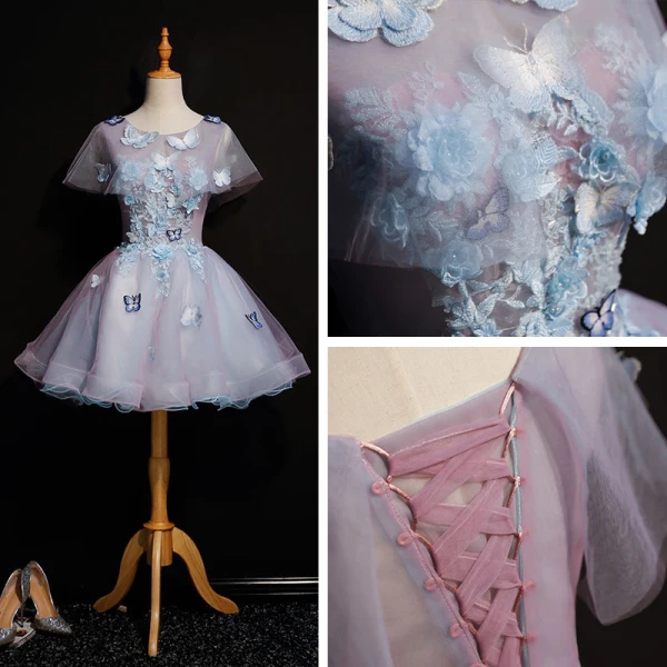 Chic / Beautiful Lavender Short Graduation Dresses 2018 A-Line / Princess U-Neck Tulle Butterfly Appliques Backless Beading Homecoming Formal Dresses