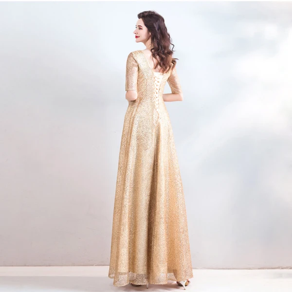 Sparkly Bling Bling Gold Floor-Length / Long Evening Dresses 2018 A-Line / Princess V-Neck Tulle Backless Beading Sequins Evening Party Formal Dresses