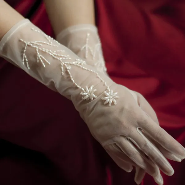 Edles Fabelhaft Weiß Brauthandschuhe 2020 Tülle Handgefertigt Perlenstickerei Perle Ball Hochzeit Brautaccessoires
