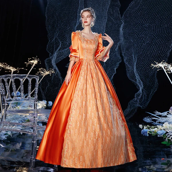 Vintage / Retro Elegant Medieval Orange Ball Gown Prom Dresses 2021 1/2 Sleeves Square Neckline Crossed Straps Floor-Length / Long Beading Star Cosplay Prom