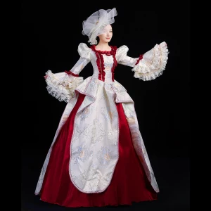 Vintage Retro Medieval Blushing Pink Ball Gown Prom Dresses 2021 U Neck Long Sleeve Floor Length Long Embroidered Printing Cosplay Prom Formal Dresses