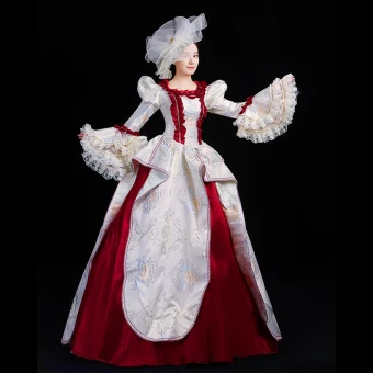 Vintage Middeleeuws Blozen Roze Baljurk Galajurken 2021 U Hals Lange Mouwen Lange Geborduurde Het Drukken Cosplay Gala Gelegenheid Jurken
