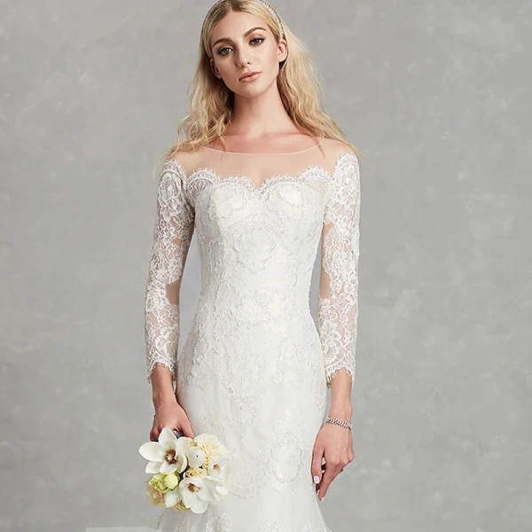 Amazing / Unique Sexy White Wedding Dresses 2020 Trumpet / Mermaid U-Neck 3D Lace Floor-Length / Long Long Sleeve Handmade Embroidered Wedding