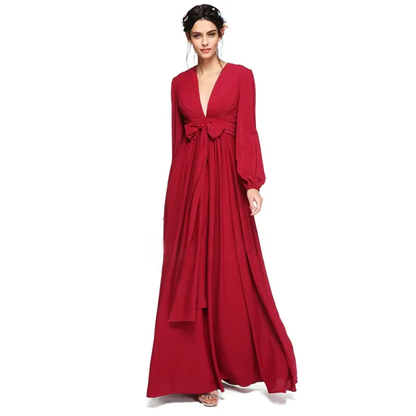 Modest / Simple Sexy Red Evening Dresses  2020 A-Line / Princess Floor-Length / Long Deep V-Neck Long Sleeve Puffy Cocktail Party Evening Party Formal Dresses
