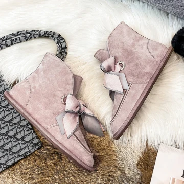 Lovely Butterfly Blushing Pink Snow Boots 2020 Woolen Leather Casual Outdoor Garden Winter Flat Round Toe Suede Womens Boots
