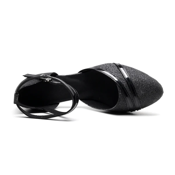 Étourdissant Bling Bling Noire Chaussures de danse latine 2020 Cuir Été Dansant Promo Paillettes Sandales À Bout Rond Chaussures Femmes