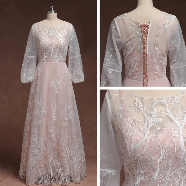 Classic Elegant Blushing Pink Plus Size Evening Dresses 2020 A-Line / Princess Floor-Length / Long Long Sleeve U-Neck Tulle 3D Lace Appliques Embroidered Evening Party Formal Dresses