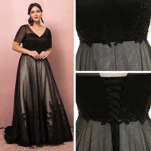 Luxury / Gorgeous Black Plus Size Evening Dresses 2018 A-Line / Princess Lace-up Tulle V-Neck Appliques Backless Beading Sequins Evening Party Prom Dresses